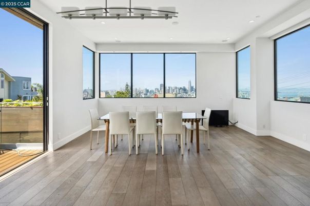 Dining room, Interior, Pendant Lights, Recessed Lighting, Wood Texture Flooring