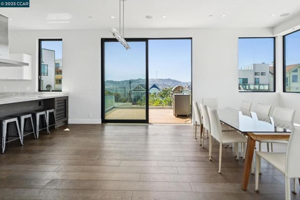 Dining room, Interior, Kitchen, Pendant Lights, Recessed Lighting, Wood Texture Flooring