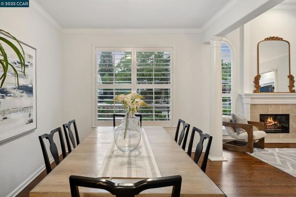 Dining room, Fireplace, Interior, Wood Texture Flooring