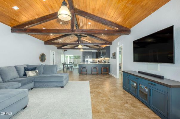 Dining room, Interior, Kitchen, Living room, Recessed Lighting, Stainless Steel Appliances, Wooden Beams, Wooden Ceilings