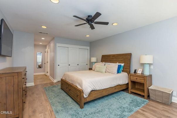 Bedroom, Interior, Recessed Lighting, Wood Texture Flooring