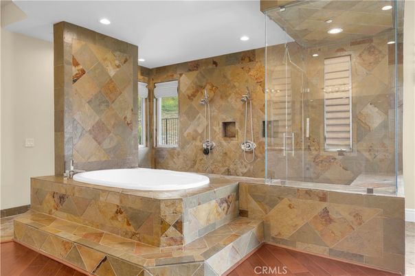 Bathroom, Glass Shower, Interior, Recessed Lighting, Wood Texture Flooring