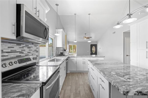 Interior, Kitchen, Pendant Lights, Wood Texture Flooring