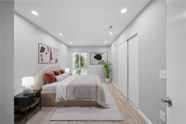 Bedroom, Interior, Recessed Lighting, Wood Texture Flooring