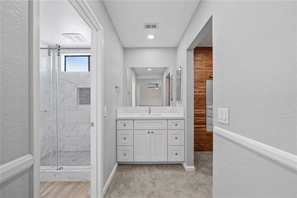 Bathroom, Glass Shower, Interior, Marble Walls, Recessed Lighting