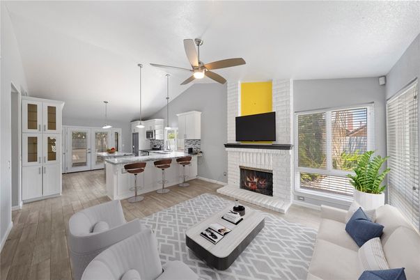 Fireplace, Interior, Kitchen, Living room, Pendant Lights, Wood Texture Flooring
