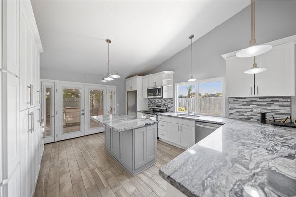 Interior, Kitchen, Pendant Lights, Stainless Steel Appliances, Wood Texture Flooring
