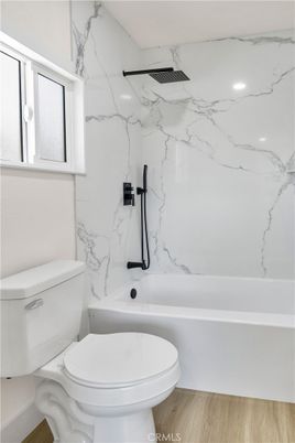 Bathroom, Interior, Marble Walls, Recessed Lighting, Wood Texture Flooring