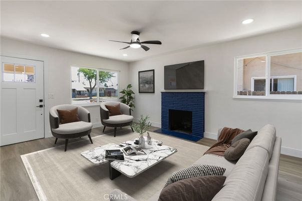 Fireplace, Interior, Living room, Recessed Lighting, Wood Texture Flooring