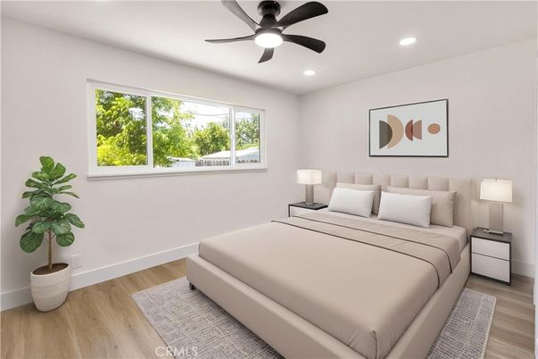Bedroom, Interior, Recessed Lighting, Wood Texture Flooring