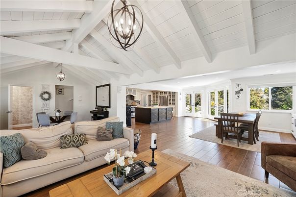 Dining room, Interior, Kitchen, Living room, Pendant Lights, Wood Texture Flooring
