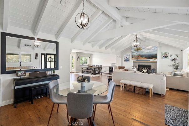 Dining room, Fireplace, Interior, Living room, Pendant Lights, Piano, Wood Texture Flooring