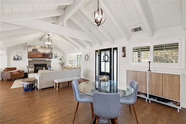 Dining room, Fireplace, Interior, Living room, Pendant Lights, Wood Texture Flooring