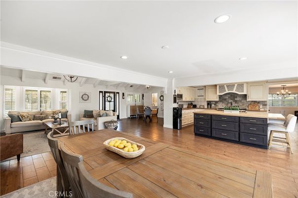 Chandelier, Dining room, Interior, Kitchen, Living room, Recessed Lighting, Wood Texture Flooring