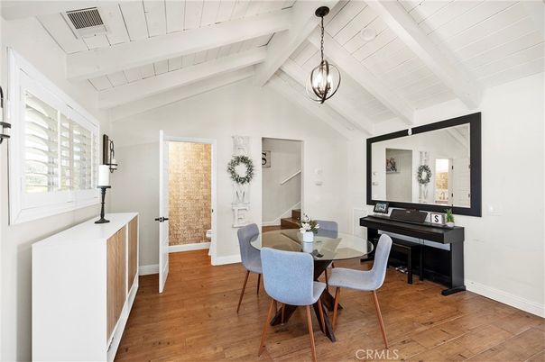 Dining room, Interior, Pendant Lights, Piano, Wood Texture Flooring