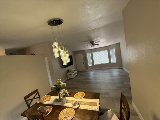 Dining room, Interior, Pendant Lights, Wood Texture Flooring