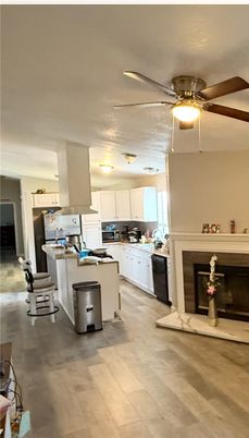 Fireplace, Interior, Kitchen, Wood Texture Flooring