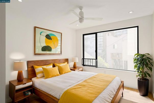 Bedroom, Interior, Recessed Lighting, Wood Texture Flooring