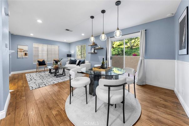 Dining room, Interior, Living room, Pendant Lights, Recessed Lighting, Wood Texture Flooring