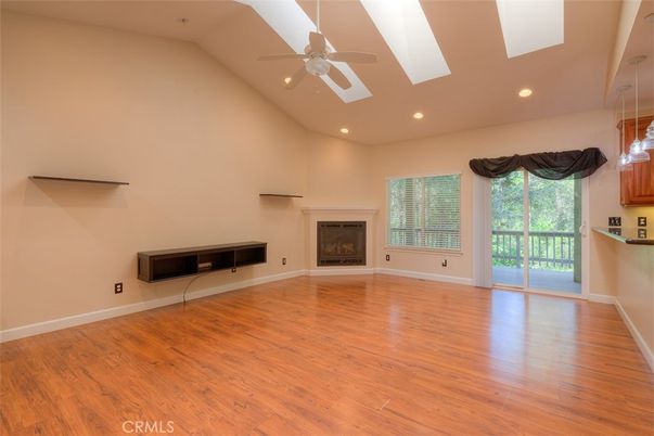 Empty room, Fireplace, Interior, Recessed Lighting, Wood Texture Flooring