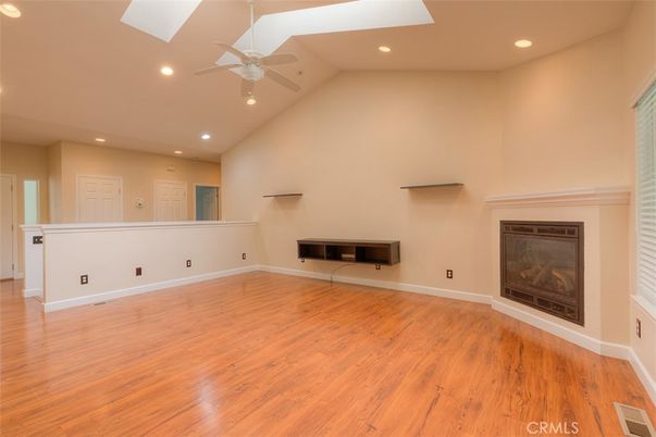 Empty room, Fireplace, Interior, Recessed Lighting, Wood Texture Flooring