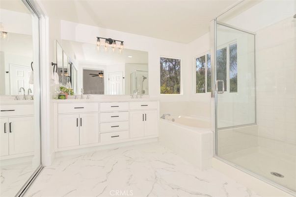 Bathroom, Dual Sink Vanities, Glass Shower, Interior, Marble, Recessed Lighting