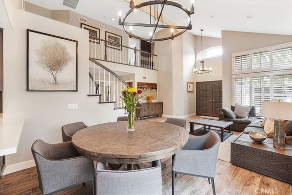 Chandelier, Dining room, Interior, Living room, Pendant Lights, Recessed Lighting, Wood Texture Flooring