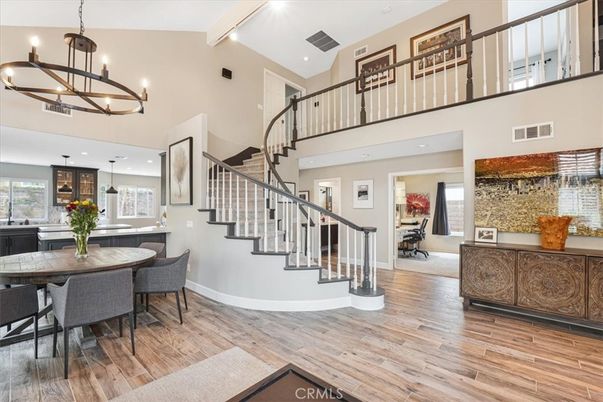 Chandelier, Dining room, Interior, Pendant Lights, Recessed Lighting, Wood Texture Flooring