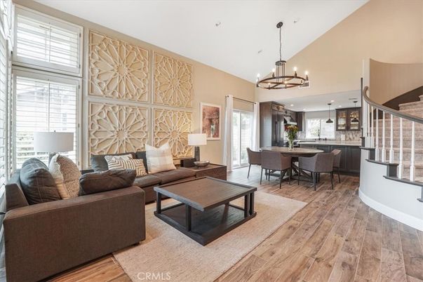 Chandelier, Dining room, Interior, Kitchen, Living room, Pendant Lights, Recessed Lighting, Wood Texture Flooring