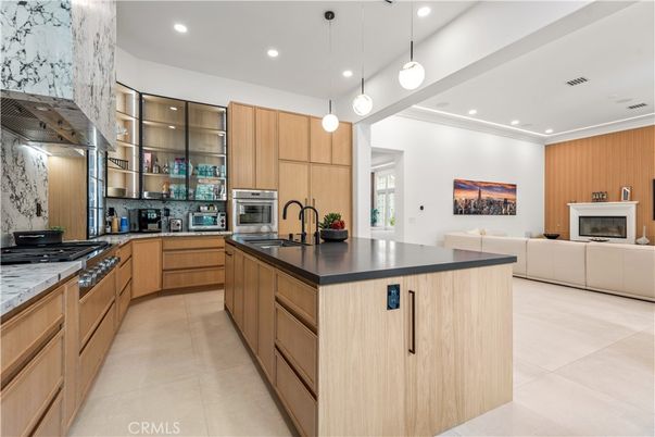 Fireplace, Interior, Kitchen, Pendant Lights, Recessed Lighting, Stainless Steel Appliances