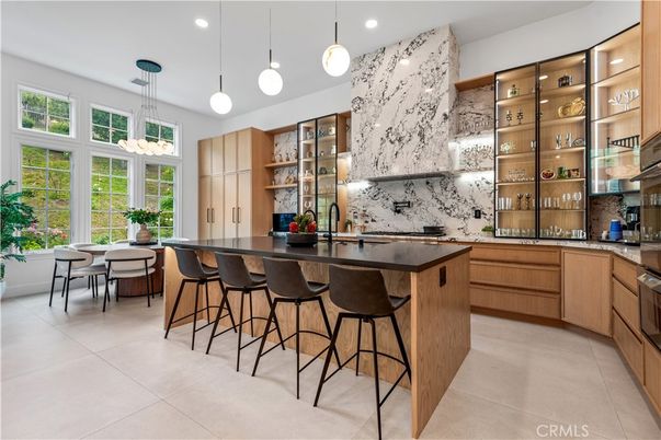 Dining room, Interior, Kitchen, Marble Walls, Pendant Lights, Recessed Lighting