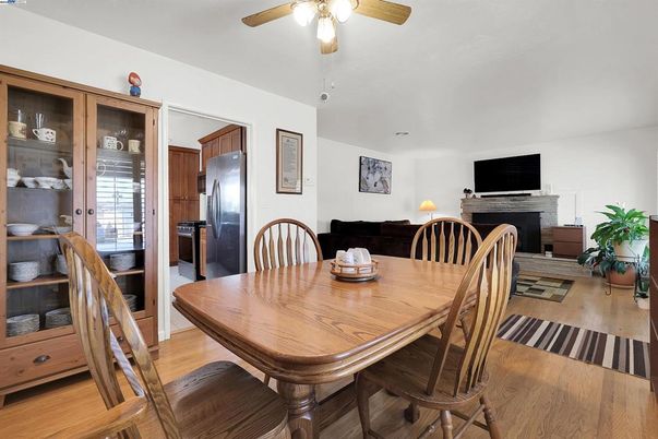 Dining room, Fireplace, Interior, Kitchen, Wood Texture Flooring