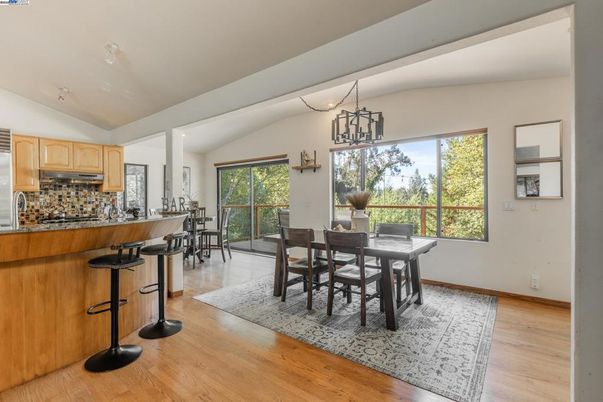 Dining room, Interior, Kitchen, Pendant Lights, Wood Texture Flooring