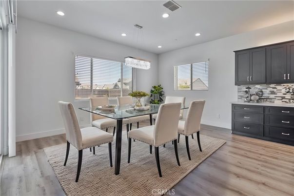 Chandelier, Dining room, Interior, Recessed Lighting, Wood Texture Flooring