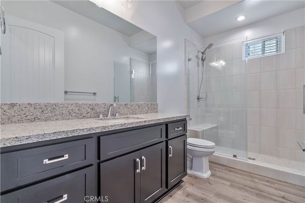 Bathroom, Glass Shower, Interior, Recessed Lighting, Wood Texture Flooring