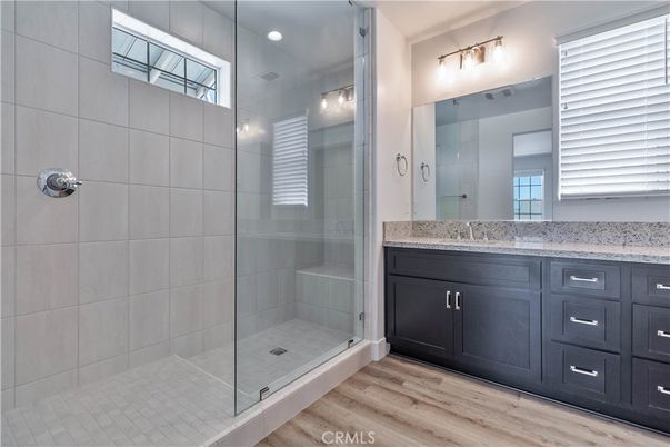Bathroom, Glass Shower, Interior, Recessed Lighting, Wood Texture Flooring