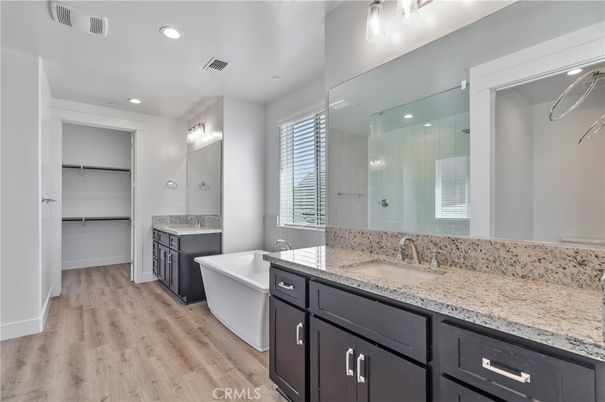 Bathroom, Dual Sink Vanities, Free Standing Baths, Interior, Recessed Lighting, Walk-in Closets, Wood Texture Flooring