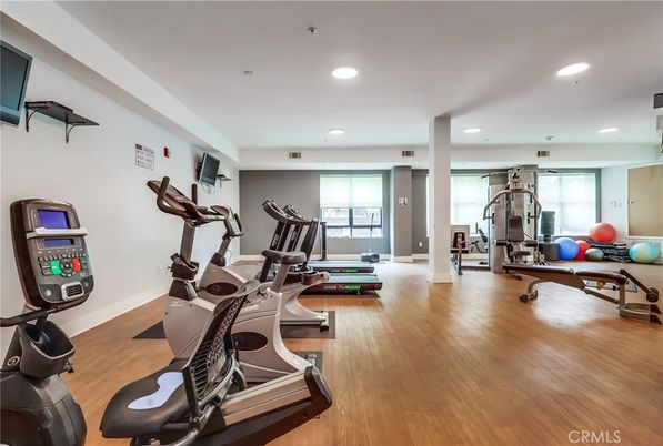 Fitness Equipment, Gym, Interior, Recessed Lighting, Wood Texture Flooring