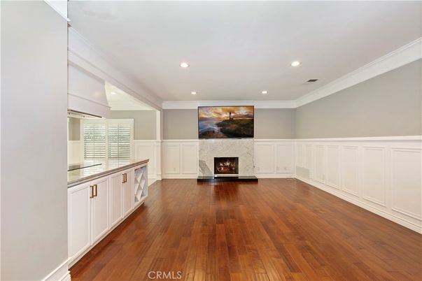 Empty room, Fireplace, Interior, Recessed Lighting, Wood Texture Flooring