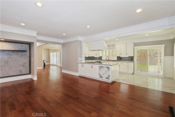 Empty room, Interior, Kitchen, Recessed Lighting, Wood Texture Flooring