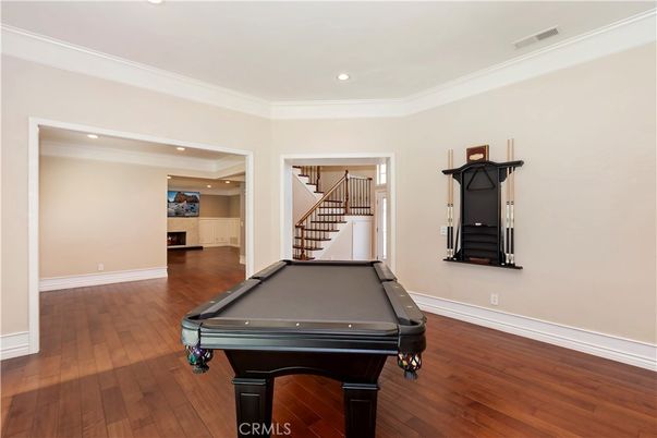 Billiard Table, Game Room, Interior, Recessed Lighting, Wood Texture Flooring