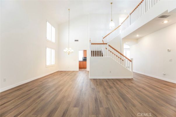 Chandelier, Empty room, Interior, Pendant Lights, Recessed Lighting, Wood Texture Flooring