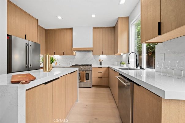 Interior, Kitchen, Recessed Lighting, Stainless Steel Appliances, Wood Texture Flooring