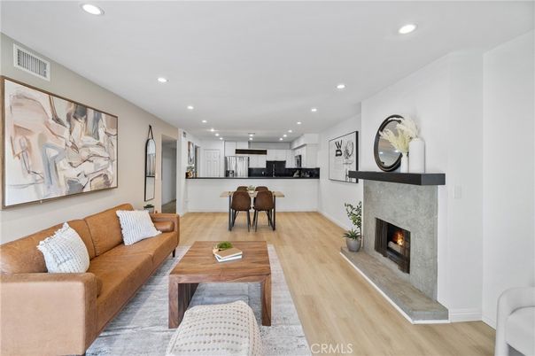 Dining room, Fireplace, Interior, Kitchen, Living room, Pendant Lights, Recessed Lighting, Wood Texture Flooring