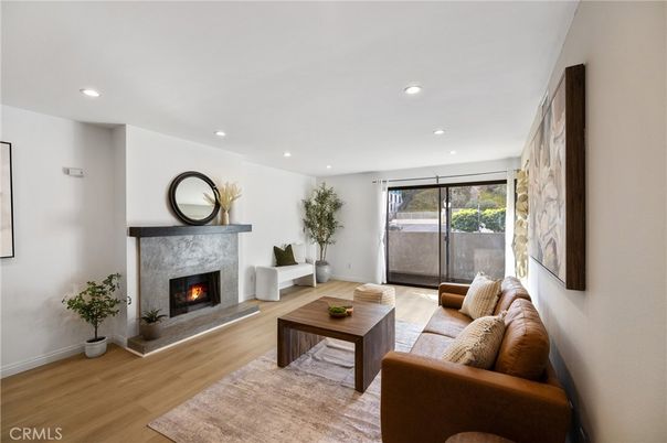 Fireplace, Interior, Living room, Recessed Lighting, Wood Texture Flooring