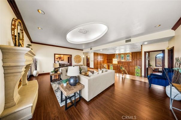 Fireplace, Interior, Living room, Recessed Lighting, Wood Texture Flooring, Wooden Walls