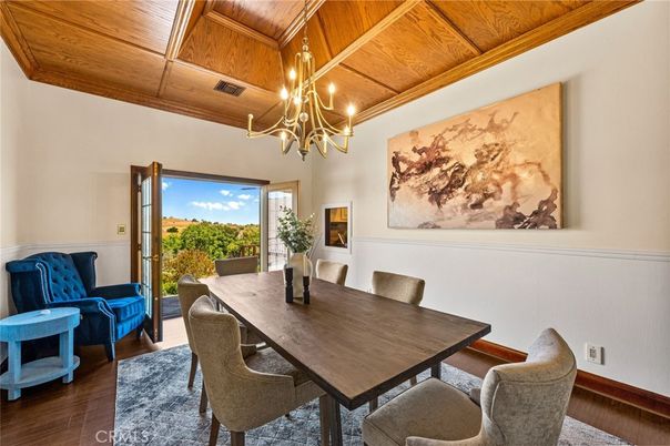 Chandelier, Dining room, Interior, Wooden Beams, Wooden Ceilings, Wood Texture Flooring
