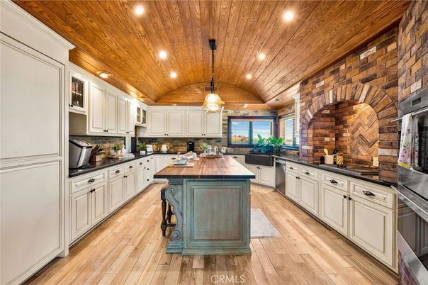 Interior, Kitchen, Pendant Lights, Recessed Lighting, Stone Walls, Wooden Ceilings, Wood Texture Flooring