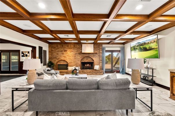 Fireplace, Interior, Living room, Marble, Recessed Lighting, Stone Walls, Wooden Beams