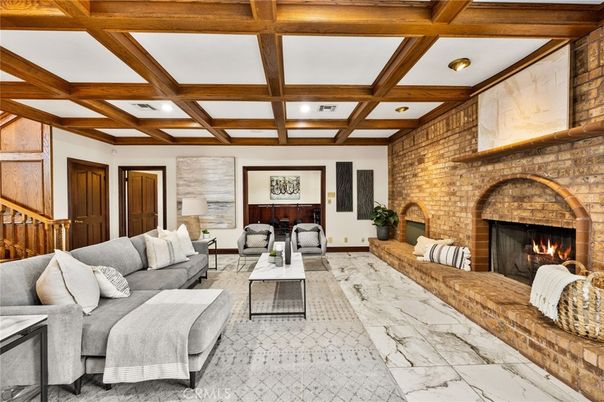 Fireplace, Interior, Living room, Marble, Recessed Lighting, Stone Walls, Wooden Beams